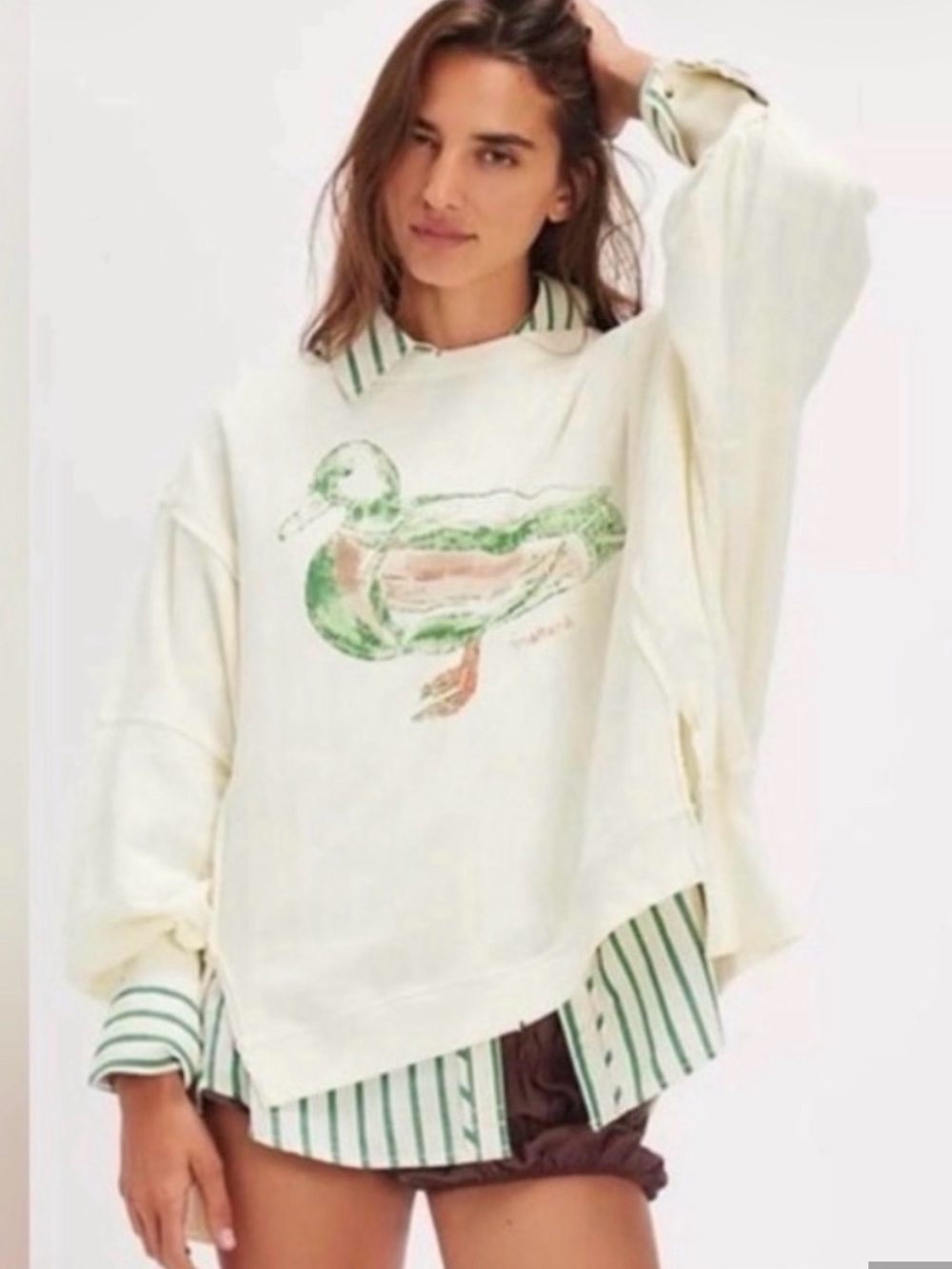 We The Free Cream Crewneck Sweater with Green Duck Graphic